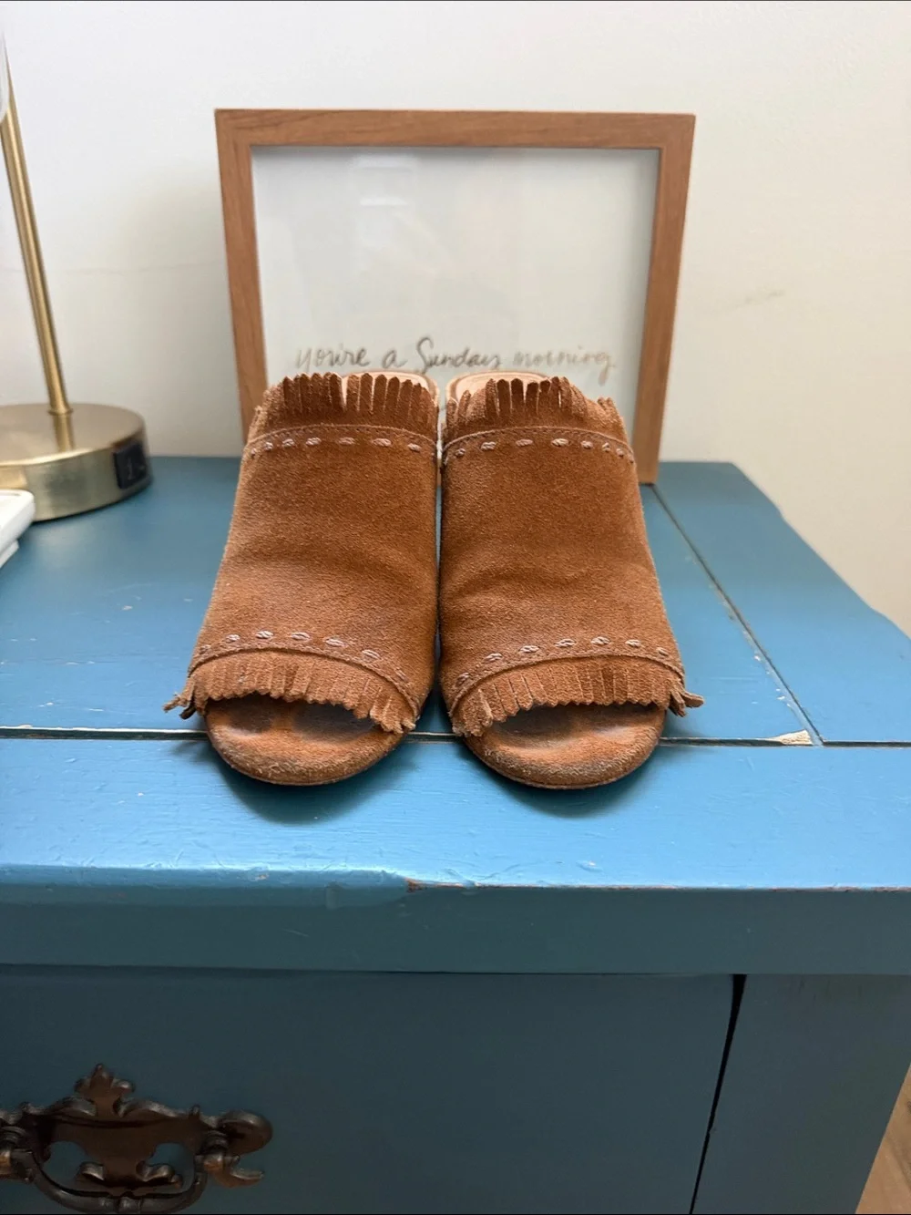 Tory Burch Chestnut Suede Fringe Slide Sandals